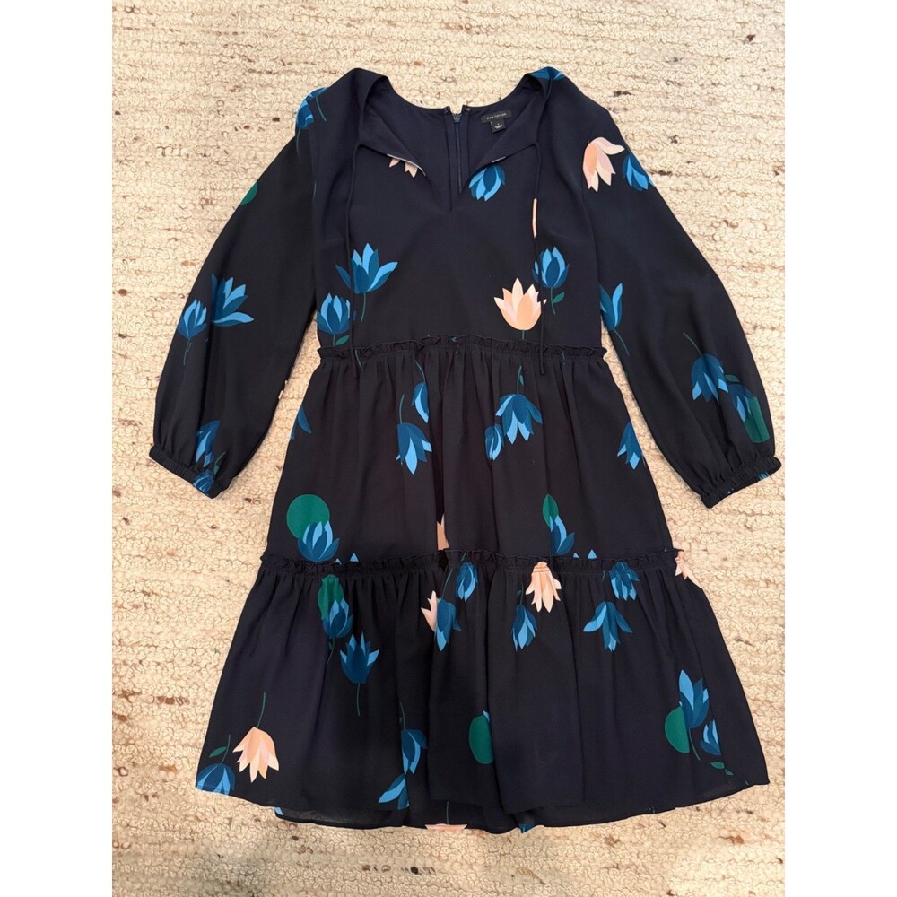 Ann Taylor Floral Tiered Midi Dress Women’s Size 2 Navy Blue Long Sleeve